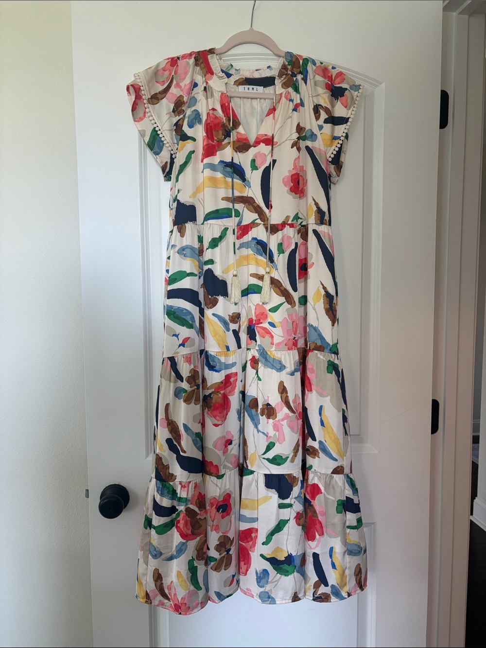 THML Cream Floral Tiered Midi Dress with Multicolor Print